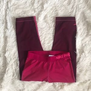 Nike red and pink Pro Cropped Leggings